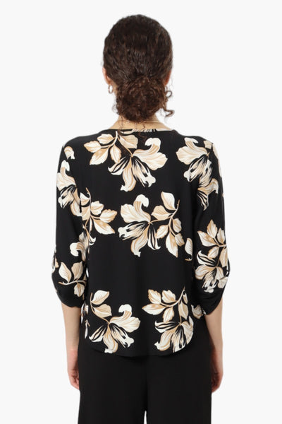 Beechers Brook Floral Roll Up Sleeve Necklace Blouse - Black - Womens Shirts & Blouses - Fairweather