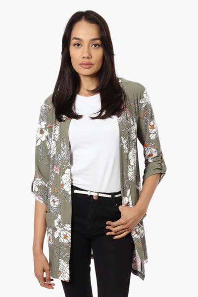 International INC Company Floral Roll Up Sleeve Cardigan - Olive - Womens Cardigans - Fairweather
