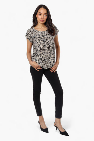 Beechers Brook Patterned Cap Sleeve Blouse - Beige - Womens Shirts & Blouses - Fairweather