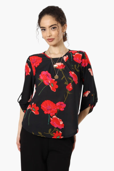 Beachers Brook Floral Roll Up Sleeve Necklace Blouse - Black - Womens Shirts & Blouses - Fairweather