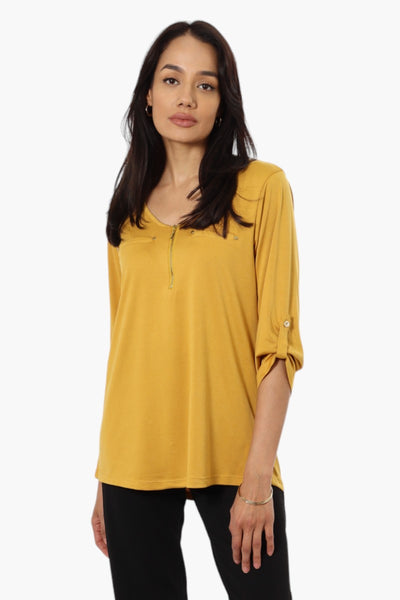 International INC Company Roll Up Sleeve Front Pocket Shirt - Mustard - Womens Shirts & Blouses - Fairweather