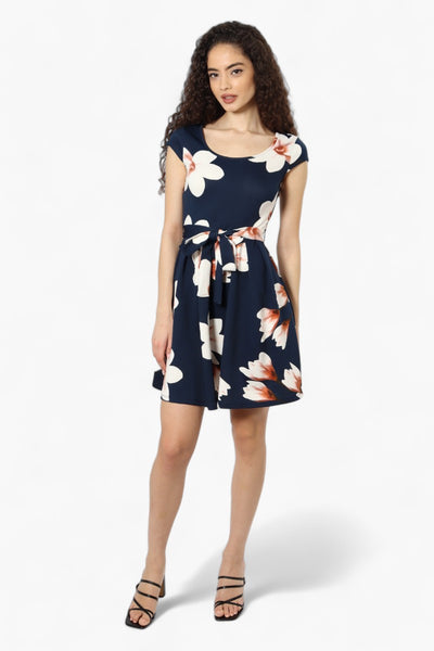 Limite Belted Floral Cap Sleeve Day Dress - Navy - Womens Day Dresses - Fairweather
