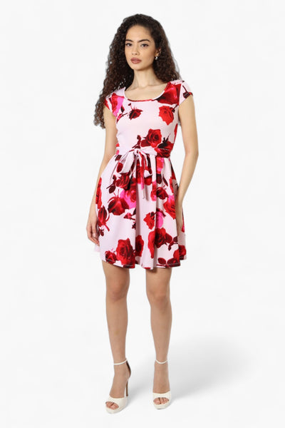 Limite Belted Floral Cap Sleeve Day Dress - Pink - Womens Day Dresses - Fairweather