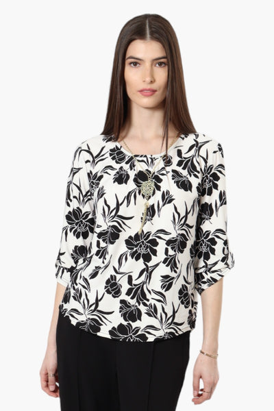 Beechers Brook Floral Roll Up Sleeve Necklace Blouse - Black - Womens Shirts & Blouses - Fairweather