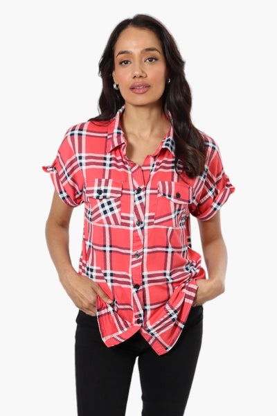 Urbanology Plaid Front Flap Pocket Shirt - Pink - Womens Shirts & Blouses - Fairweather