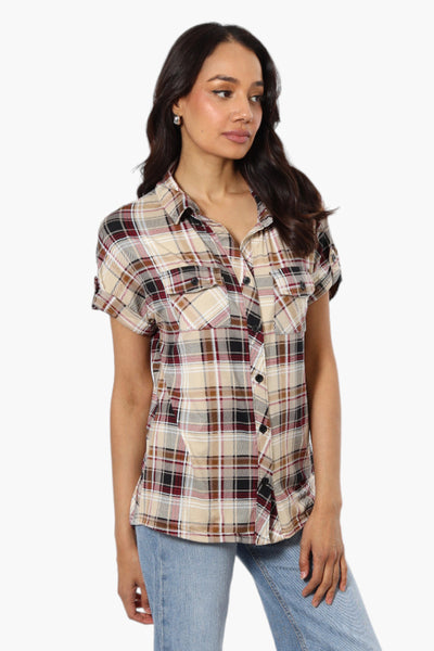 Urbanology Plaid Front Flap Pocket Shirt - Beige - Womens Shirts & Blouses - Fairweather