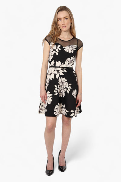 Limte Floral Belted Cap Sleeve Day Dress - Black - Womens Day Dresses - Fairweather