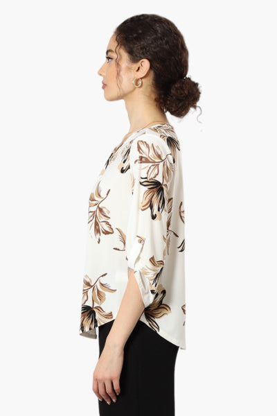 Beechers Brook Floral Roll Up Sleeve Necklace Blouse - Cream - Womens Shirts & Blouses - Fairweather