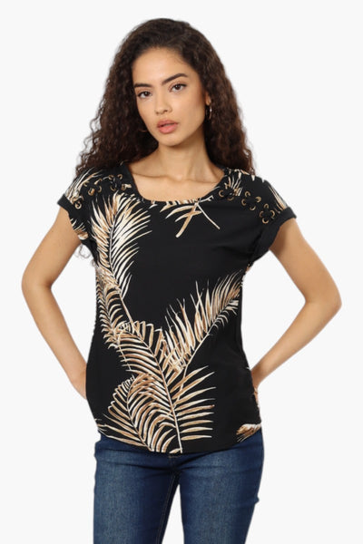 Beechers Brook Leaf Pattern Short Sleeve Blouse - Black - Womens Shirts & Blouses - Fairweather