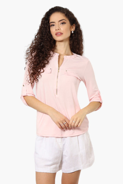 Beechers Brook Solid Half Zip Roll Up Sleeve Shirt - Pink - Womens Shirts & Blouses - Fairweather