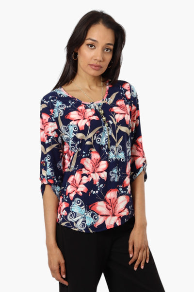 Beechers Brook Floral Roll Up Sleeve Necklace Blouse - Navy - Womens Tees & Tank Tops - Fairweather