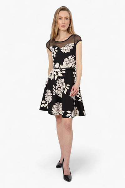 Limte Floral Belted Cap Sleeve Day Dress - Black - Womens Day Dresses - Fairweather