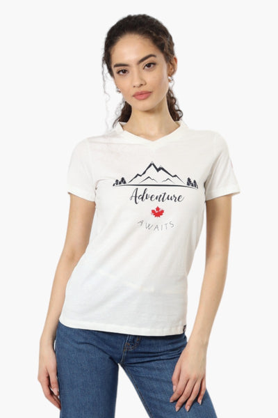 Canada Weather Gear Adventure Awaits V Neck Tee - White - Womens Tees & Tank Tops - Fairweather