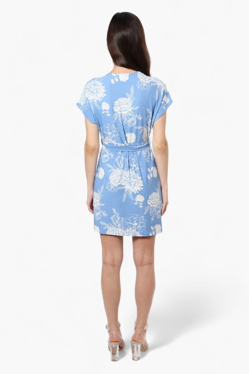 Majora Belted Floral Crossover Day Dress - Blue - Womens Day Dresses - Fairweather