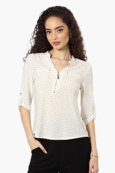 Beechers Brook Polka Dot 1/4 Zip Roll Up Sleeve Shirt - Cream - Womens Shirts & Blouses - Fairweather