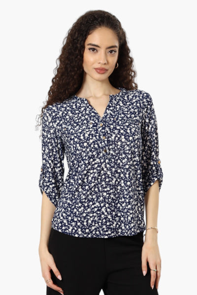 Beechers Brook Floral Roll Up Sleeve Henley Shirt - Navy - Womens Shirts & Blouses - Fairweather