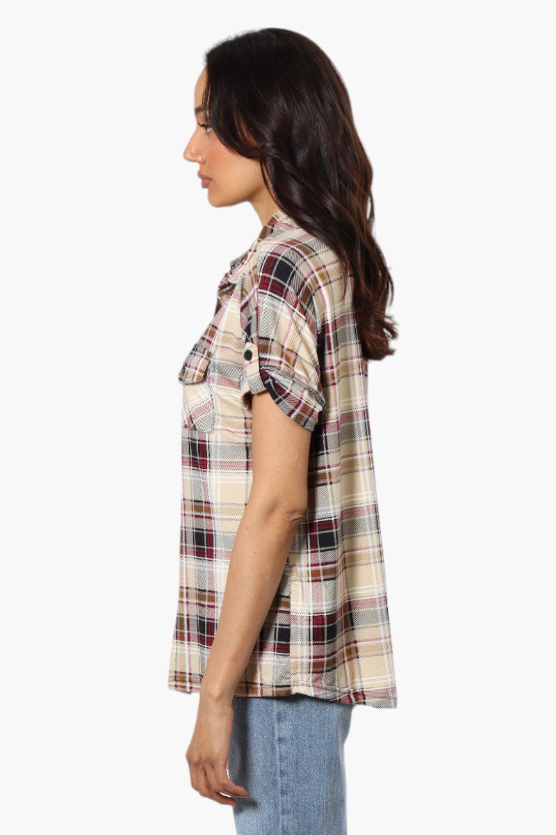 Urbanology Plaid Front Flap Pocket Shirt - Beige - Womens Shirts & Blouses - Fairweather