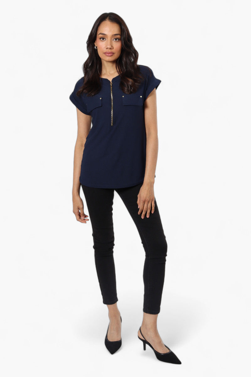 International INC Company Front Zip Cap Sleeve Blouse - Navy - Womens Shirts & Blouses - Fairweather