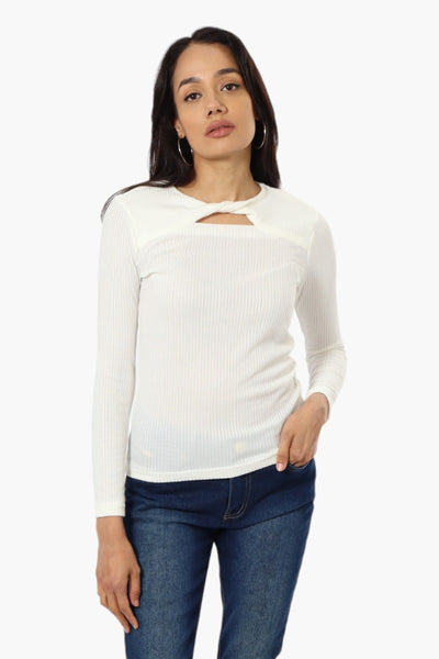 Magazine Ribbed Front Twist Long Sleeve Top - White - Womens Long Sleeve Tops - Fairweather