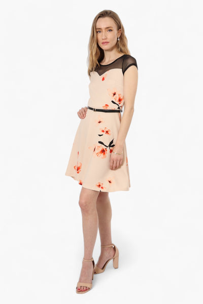 Limte Floral Belted Cap Sleeve Day Dress - Pink - Womens Day Dresses - Fairweather