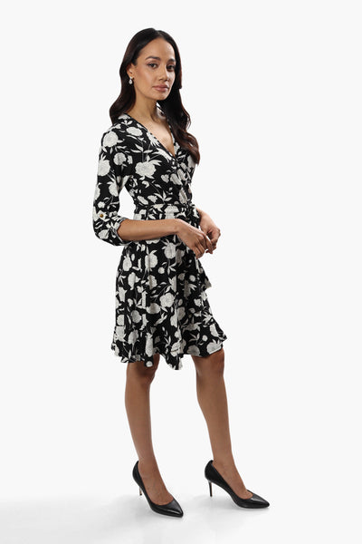 International INC Company Belted Floral Crossover Day Dress - Black - Womens Day Dresses - Fairweather