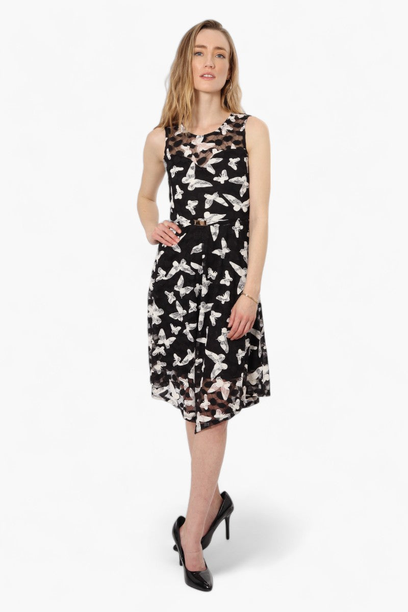 Limite Sleeveless Butterfly Pattern Day Dress - Black - Womens Day Dresses - Fairweather