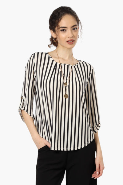 Beechers Brook Striped Roll Up Sleeve Necklace Blouse - Cream - Womens Shirts & Blouses - Fairweather