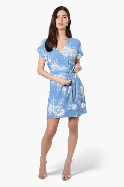 Majora Belted Floral Crossover Day Dress - Blue - Womens Day Dresses - Fairweather