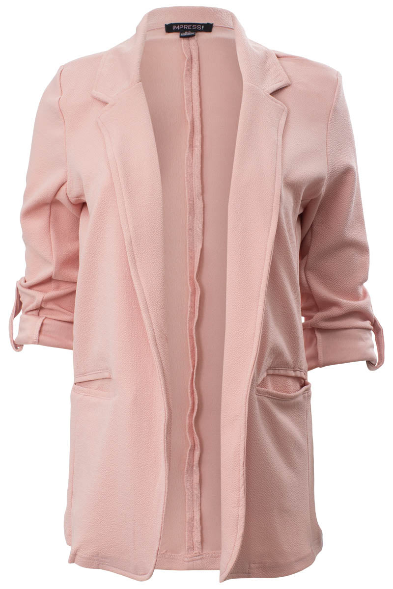 Solid Roll Up Sleeve Open Front Blazer - Pink - Womens Blazers - Fairweather