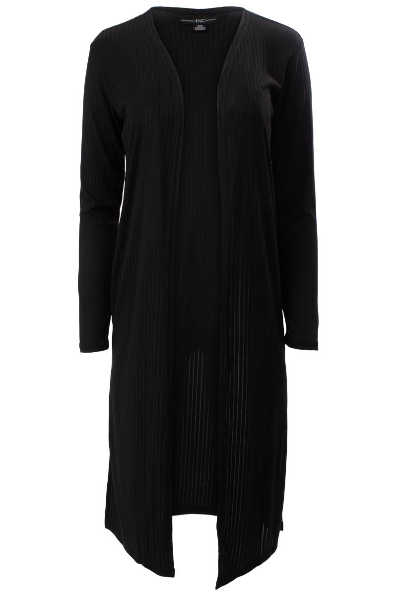 Solid Ribbed Long Sleeve Side Slit Open Cardigan - Black - Womens Cardigans - Fairweather