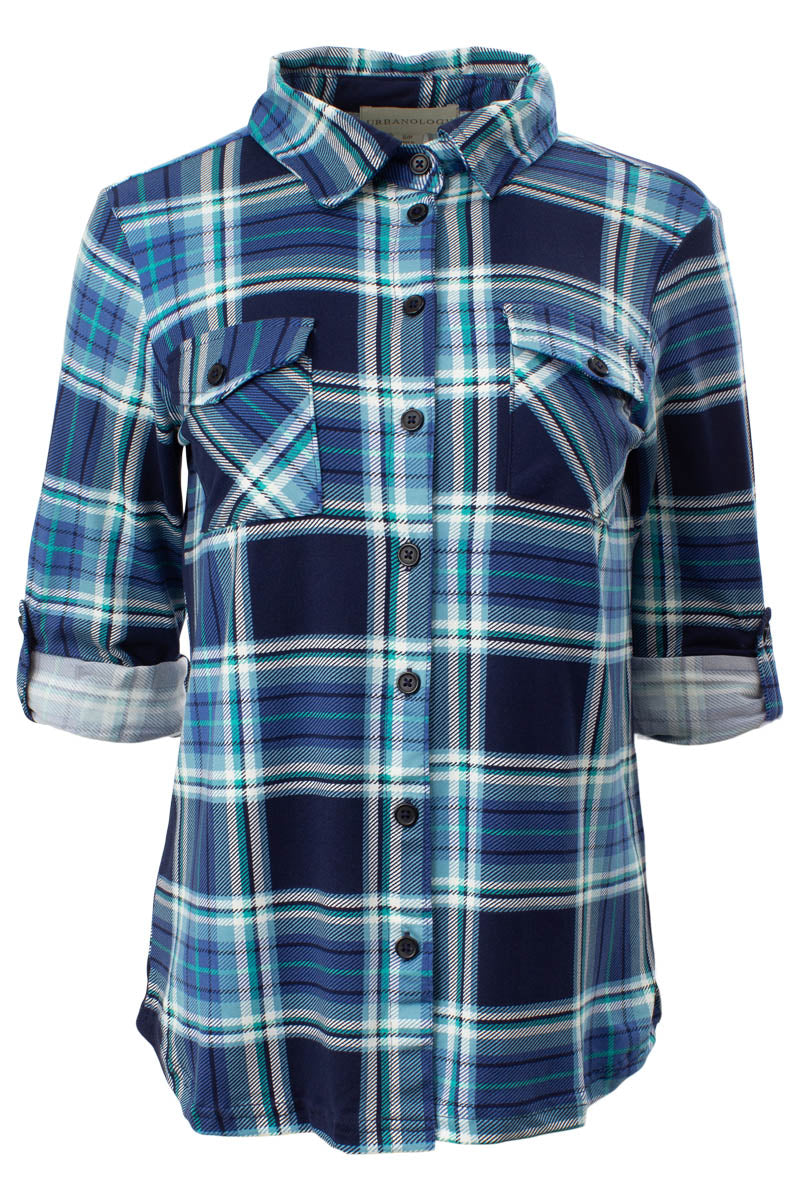 Plaid Printed Roll Up Sleeve Shirt - Blue - Womens Shirts & Blouses - Fairweather