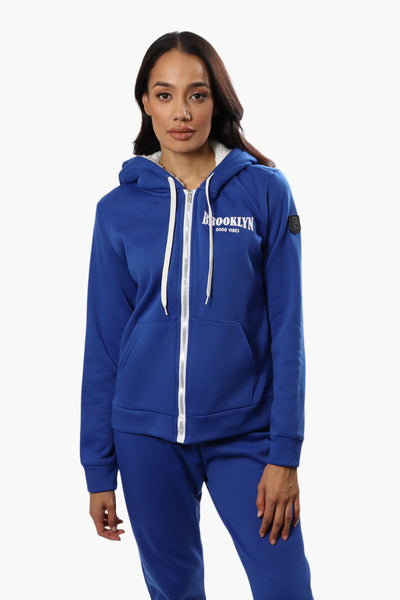 Fahrenheit Brooklyn Print Sherpa Hoodie - Blue - Womens Hoodies & Sweatshirts - Fairweather