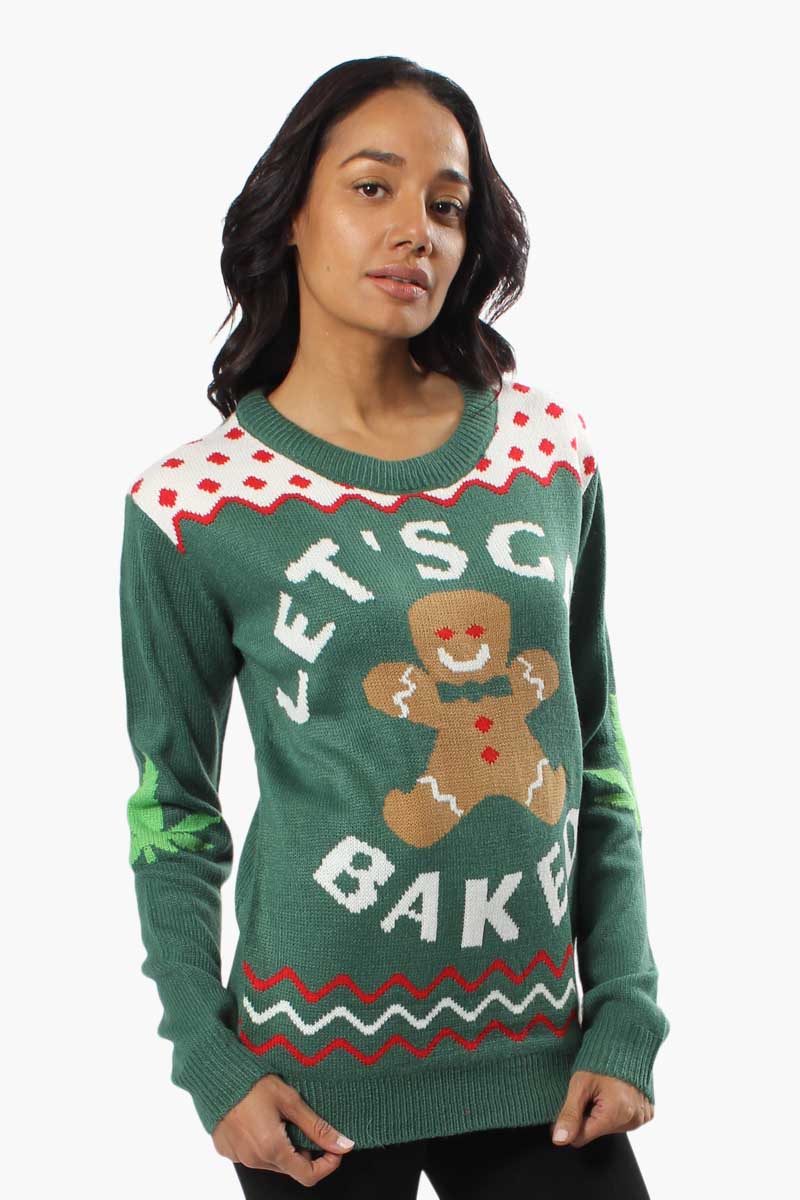 Ugly Christmas Sweater Gingerbread Knit Christmas Sweater - Green - Womens Christmas Sweaters - Fairweather