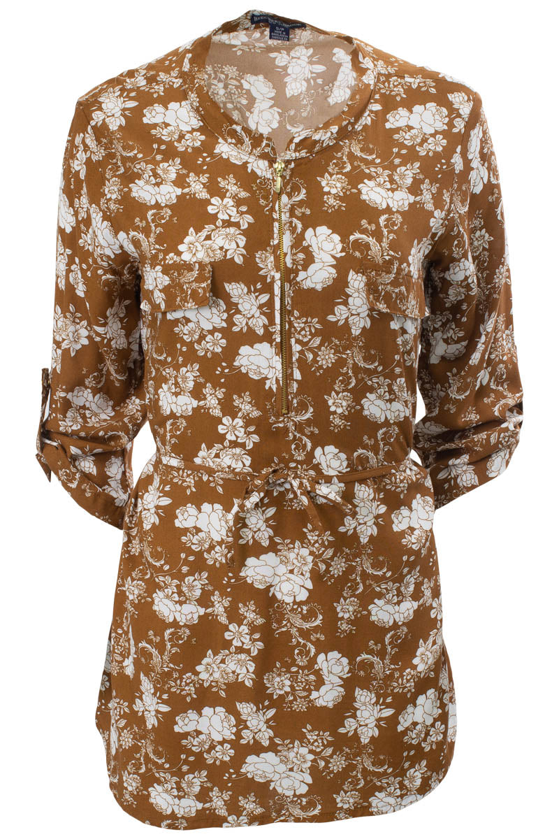 Floral Zip Front Flap Pocket Tunic Shirt - Camel - Womens Shirts & Blouses - Fairweather