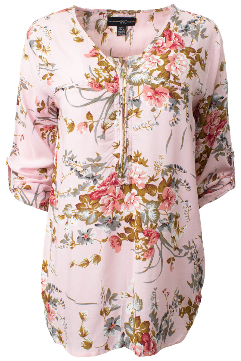 Floral Printed Zip Front Roll Up Sleeve Shirt - Pink - Womens Shirts & Blouses - Fairweather