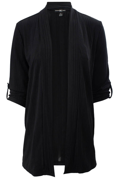 Solid Ribbed Roll Up Sleeve Open Cardigan - Black - Womens Cardigans - Fairweather