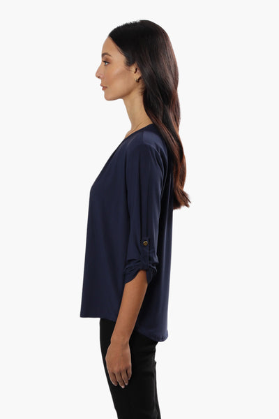 International INC Company Solid Roll Up Sleeve Blouse - Navy - Womens Shirts & Blouses - Fairweather