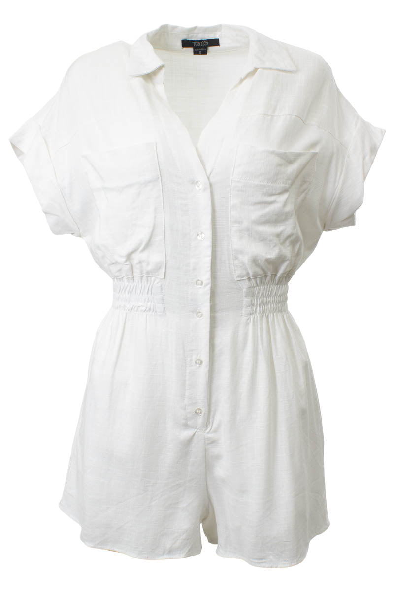 Solid Cap Sleeve Cinched Waist Romper - White - Womens Jumpsuits & Rompers - Fairweather