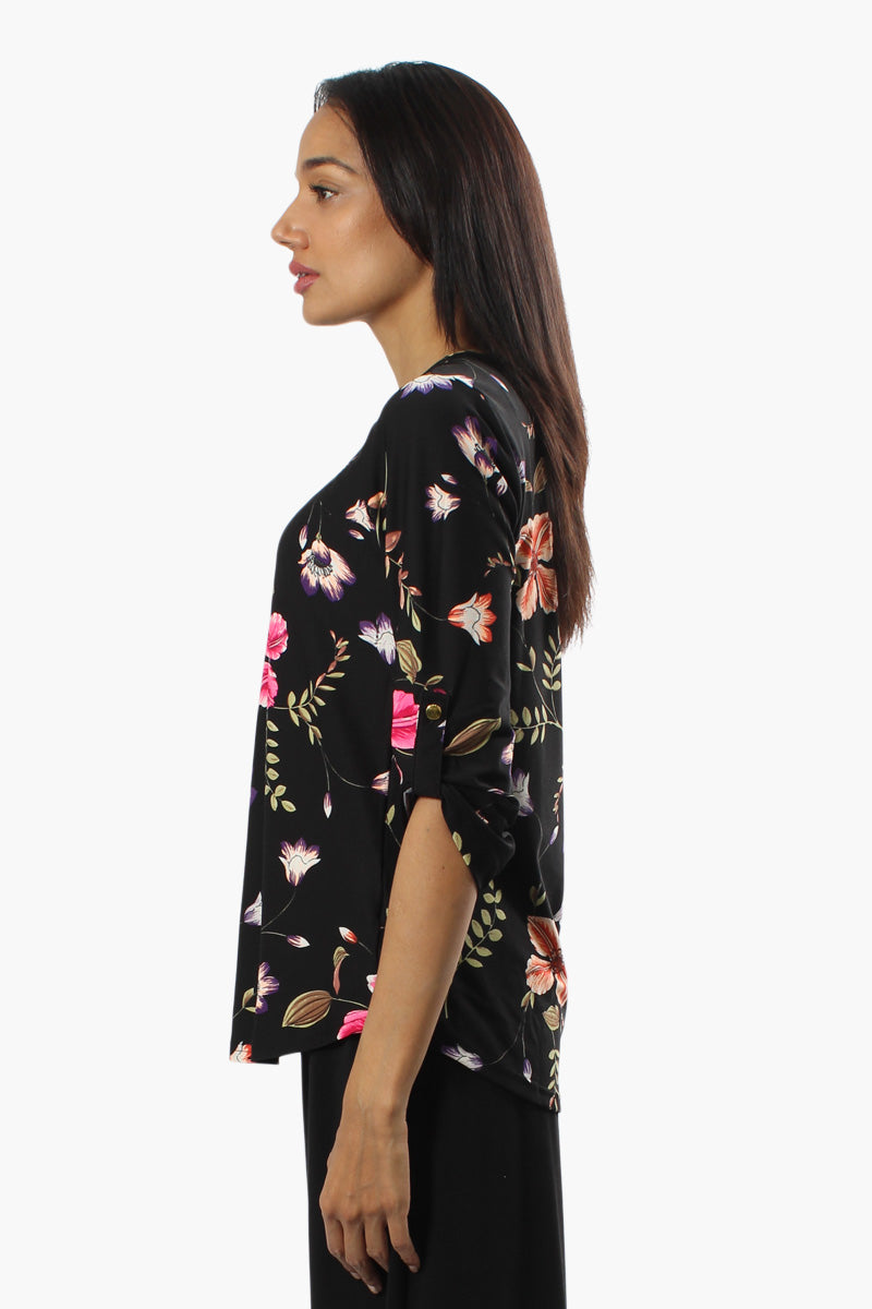 International INC Company Floral Roll Up Sleeve Blouse - Black - Womens Shirts & Blouses - Fairweather