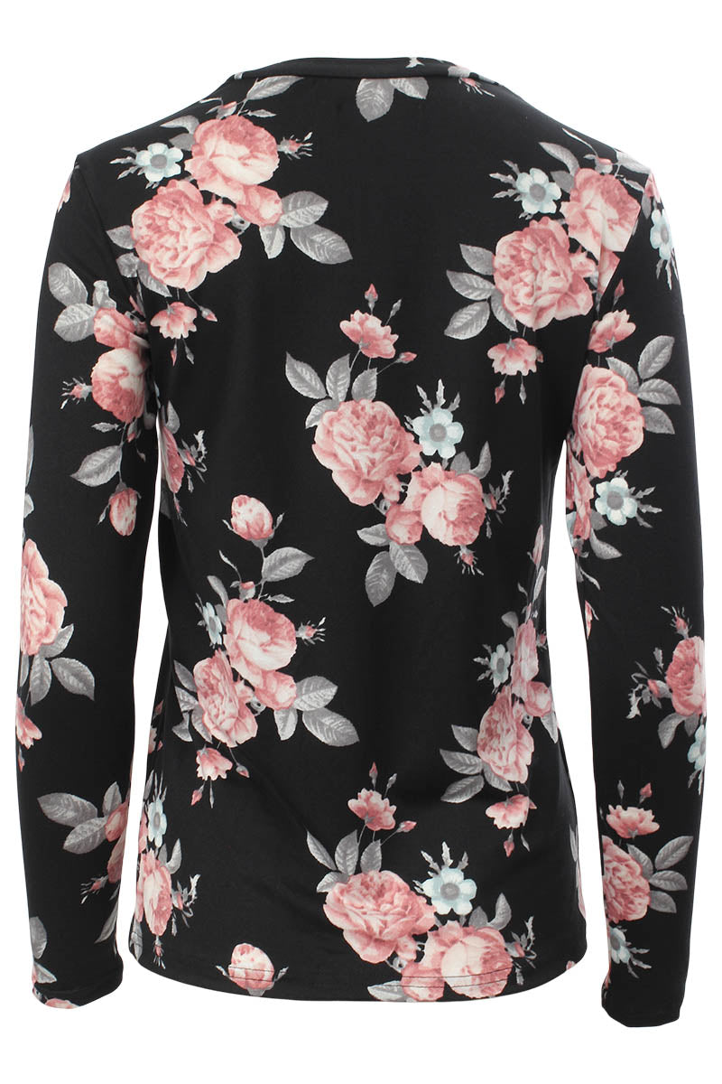 International INC Company Floral Keyhole Front Long Sleeve Top - Black - Womens Long Sleeve Tops - Fairweather