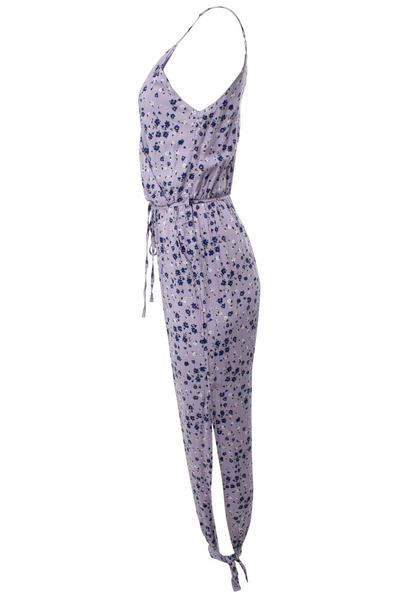 Floral Sleeveless Crossover Belted Jumpsuit - Lavender - Womens Jumpsuits & Rompers - Fairweather