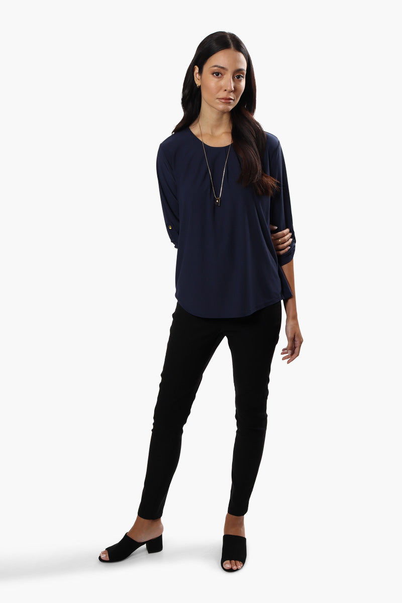 International INC Company Solid Roll Up Sleeve Blouse - Navy - Womens Shirts & Blouses - Fairweather