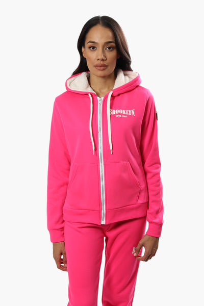 Fahrenheit Brooklyn Print Sherpa Hoodie - Pink - Womens Hoodies & Sweatshirts - Fairweather