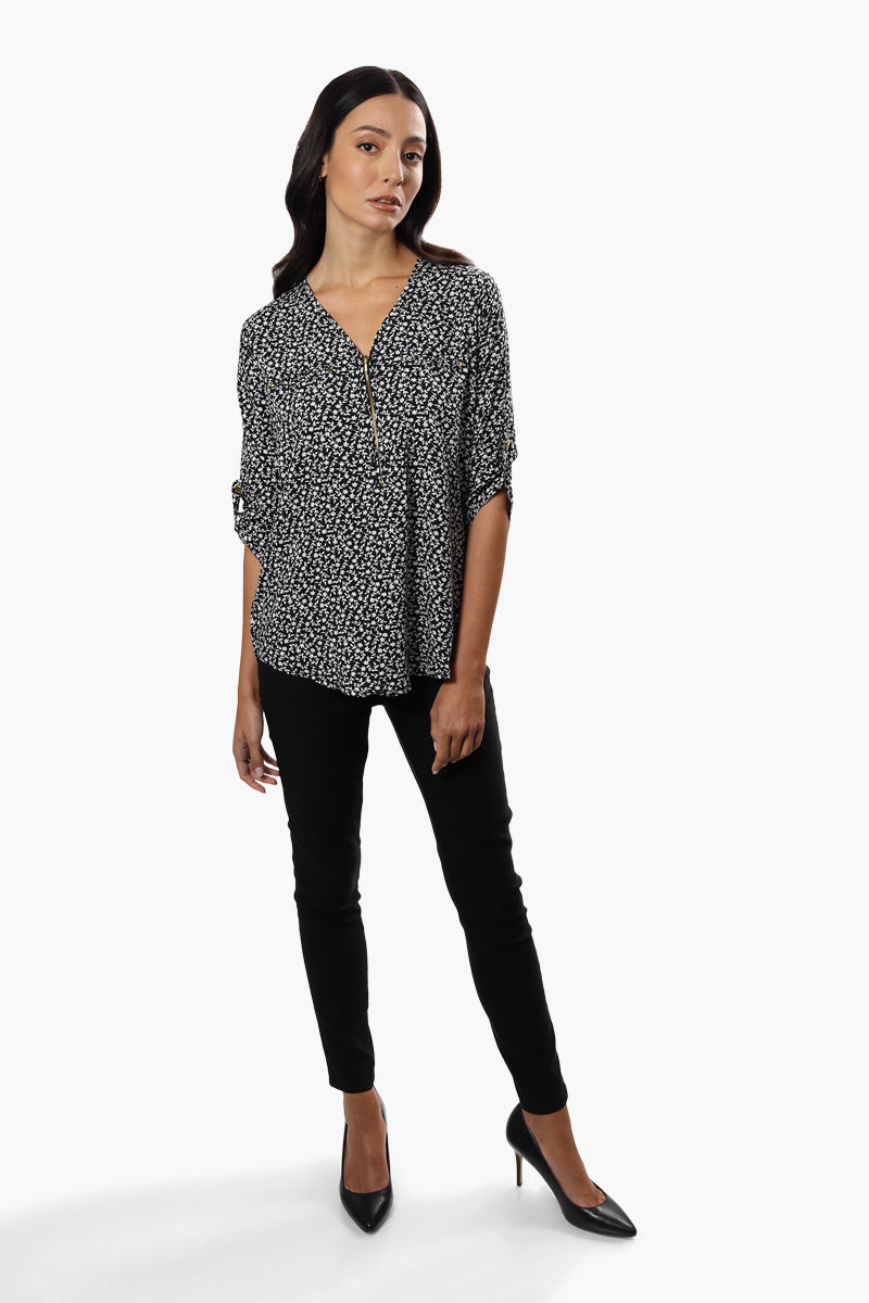 International INC Company Patterned Roll Up Sleeve Blouse - Black - Womens Shirts & Blouses - Fairweather