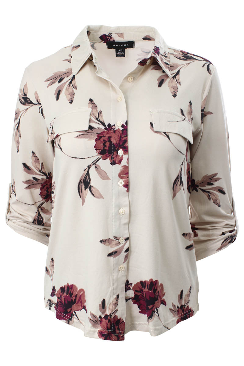 Majora Floral Roll Up Sleeve Shirt - Beige - Womens Shirts & Blouses - Fairweather