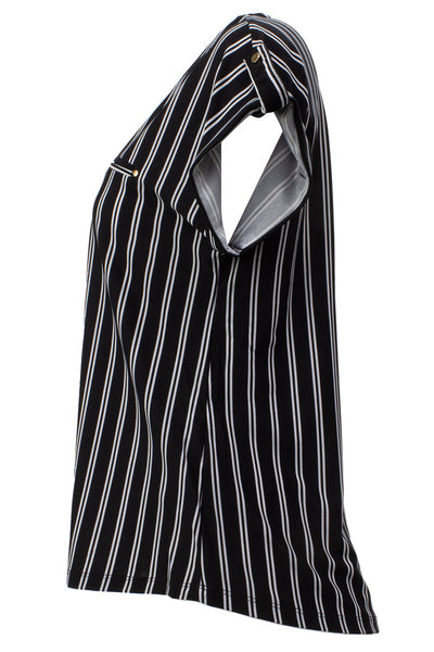 Striped Front Zip Cap Sleeve Tee - Black - Womens Tees & Tank Tops - Fairweather