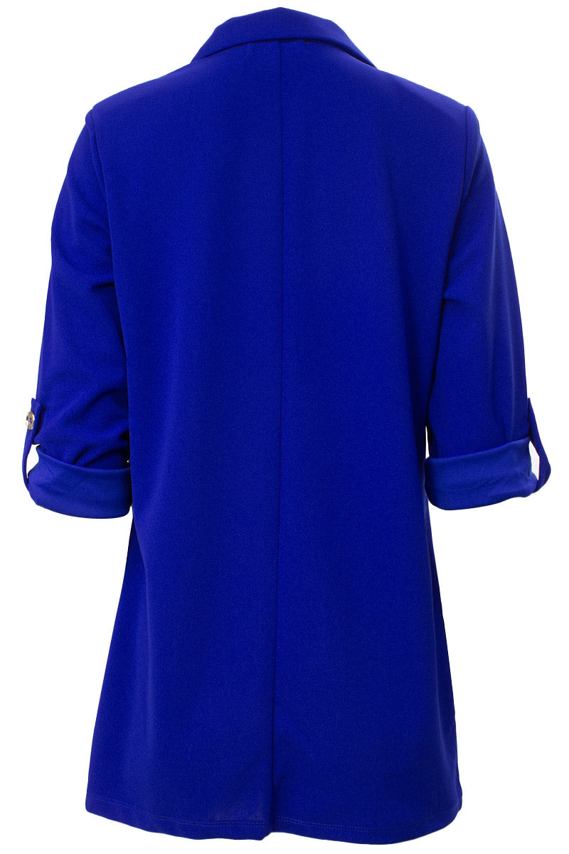 Solid Roll Up Sleeve Padded Shoulder Blazer - Blue - Womens Blazers - Fairweather