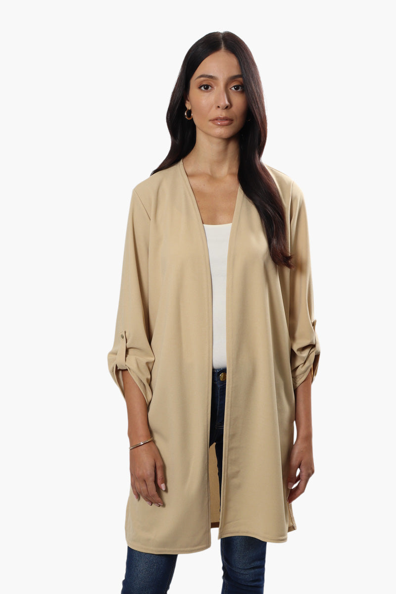 Limite Open Front Roll Up Sleeve Cardigan - Beige - Womens Cardigans - Fairweather