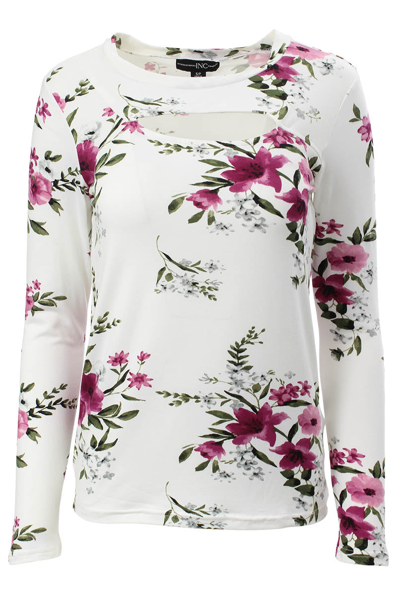 International INC Company Floral Keyhole Front Long Sleeve Top - White - Womens Long Sleeve Tops - Fairweather