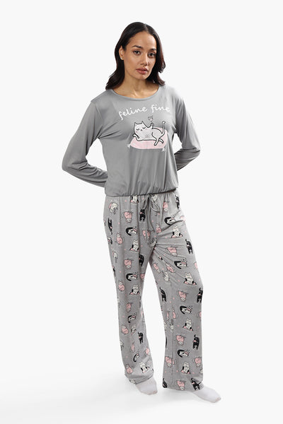 Cuddly Canuckies Feline Fine Print Pajama Top - Grey - Womens Pajamas - Fairweather